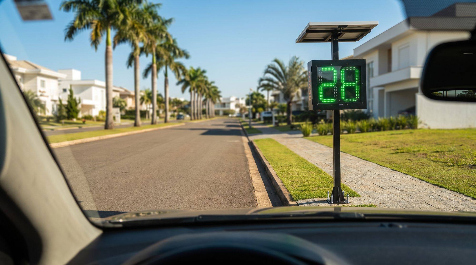 Radar pedagógico Revlo exibindo 28 km/h na alameda de um condomínio residencial