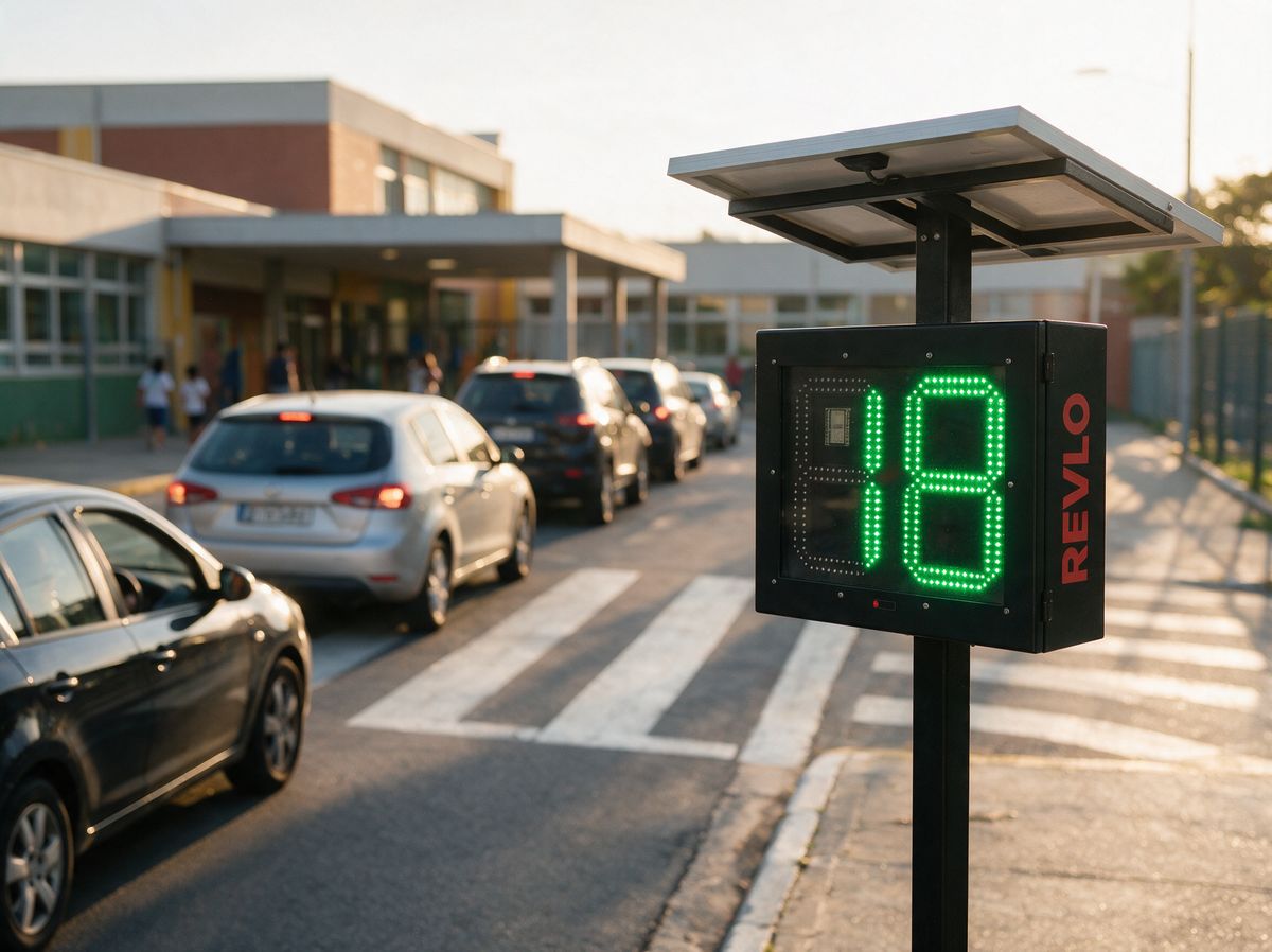 Radar pedagógico na entrada de uma escola, com fila de carros e faixa de pedestres