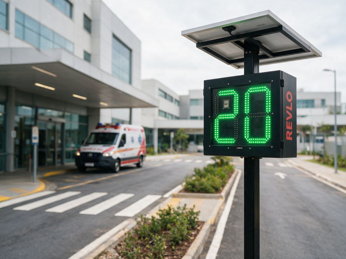Radar pedagógico na via interna de um hospital, com ambulância ao fundo